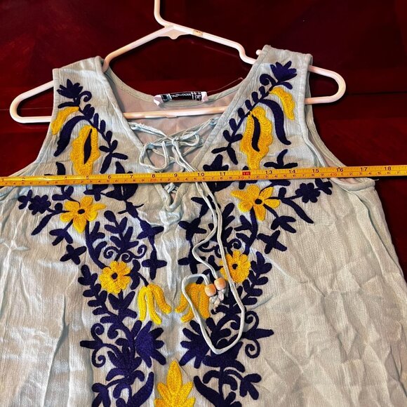 Lapogee‎ Boho Embroidered Sleeveless Tunic Dress - Small - Light Blue  Floral - Picture 6 of 8